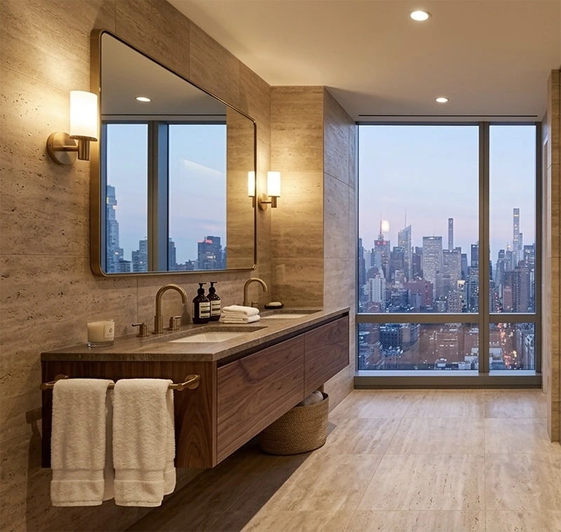 Cohesive modern bathroom design featuring warm travertine tiled walls and floors, a dark wood floating double vanity, brass sconces, and a large window overlooking the city skyline at dusk