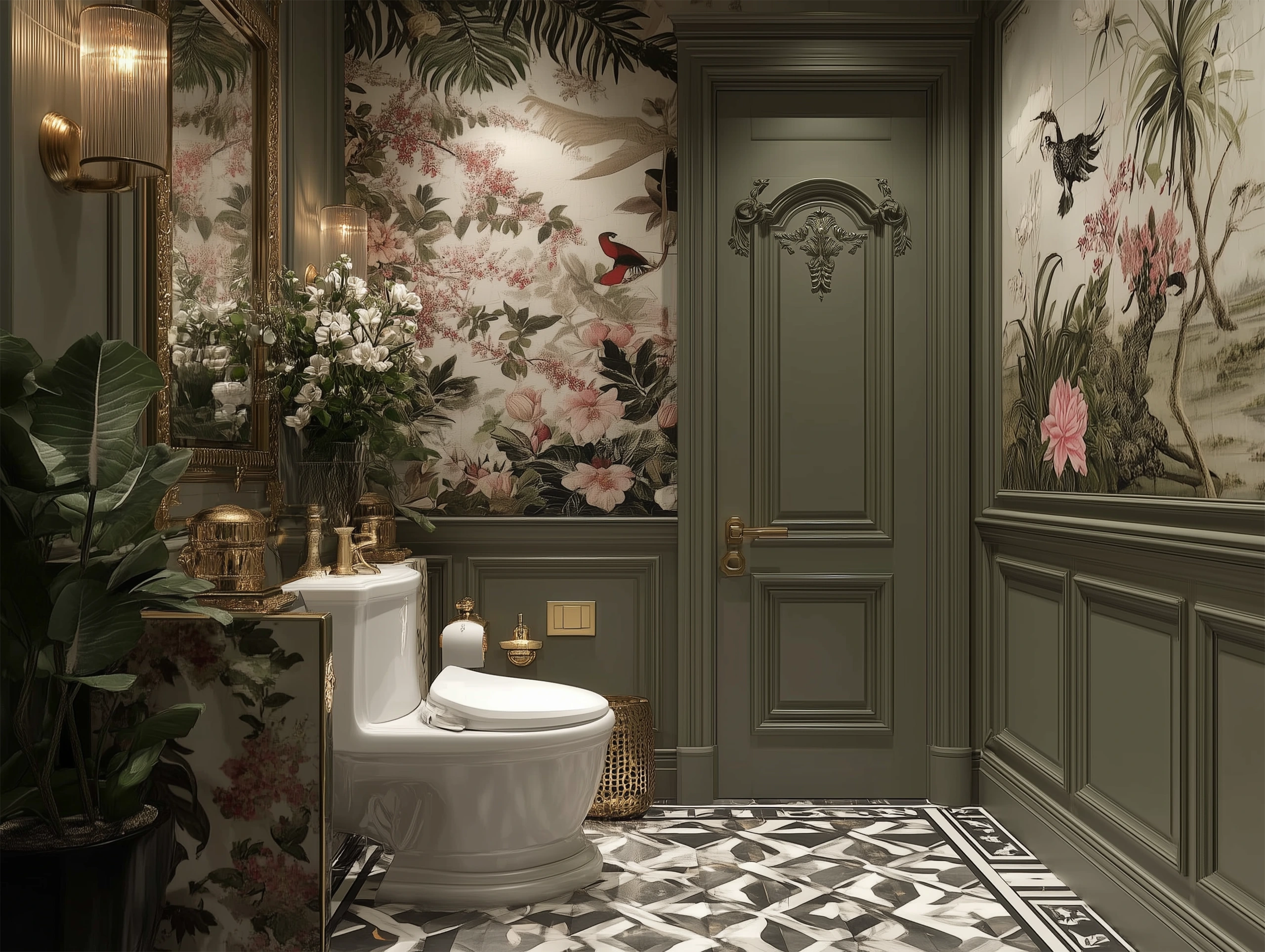 Extremely customized luxury bathroom featuring sage green architectural wainscoting, elaborate botanical wallpaper with birds, a smart toilet, and a complex geometric patterned marble floor