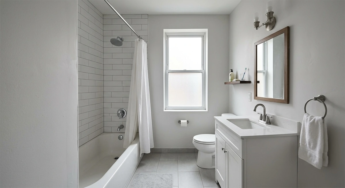 A clean, standard apartment bathroom renovation featuring classic white subway tile in the shower, a basic freestanding white vanity, and simple grey floor tiles