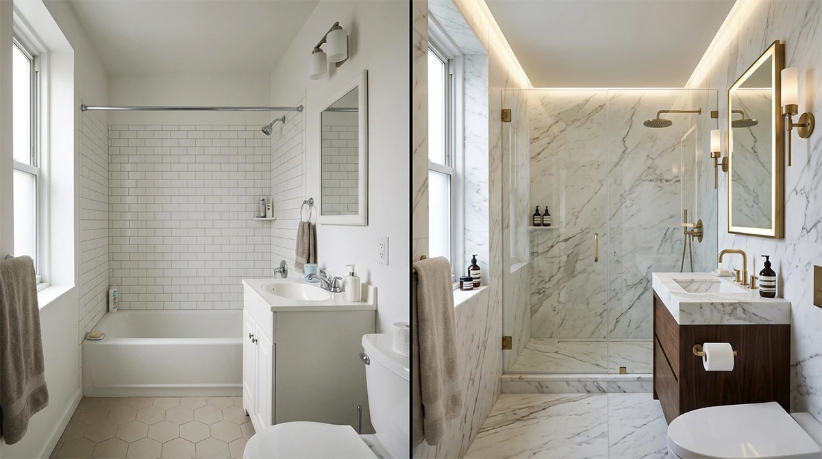 Split-screen comparing a basic white subway tile bathroom with a luxury renovation featuring floor-to-ceiling marble slabs, a custom floating walnut vanity, and LED cove lighting