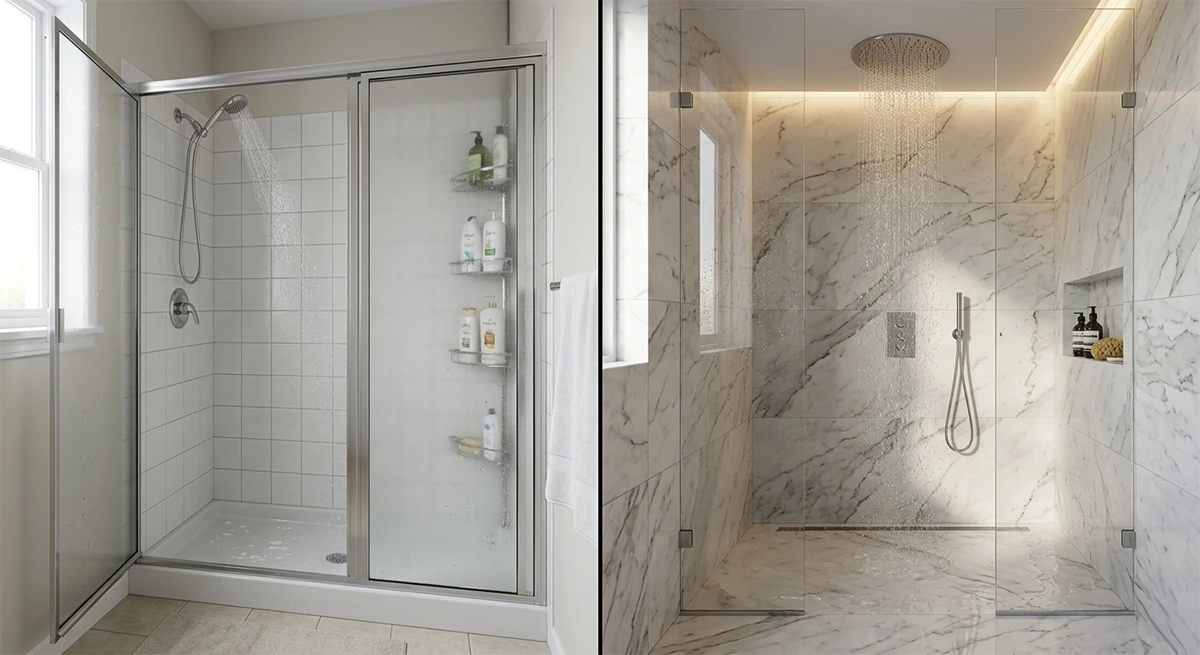 Split-screen comparing a standard framed shower enclosure with an acrylic base against a high-end seamless walk-in marble shower featuring a flush invisible floor drain and a ceiling-mounted rain showerhead