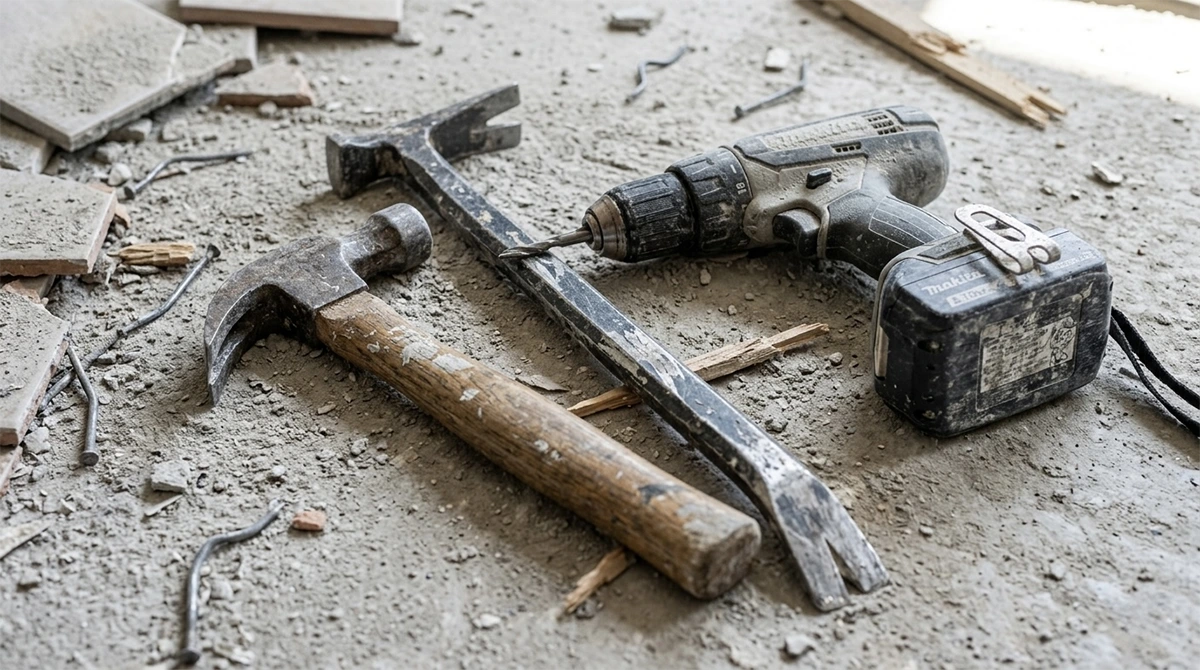A close-up of essential interior demolition tools, including a hammer, crowbar, and cordless drill, resting on a dusty concrete floor amidst broken tiles