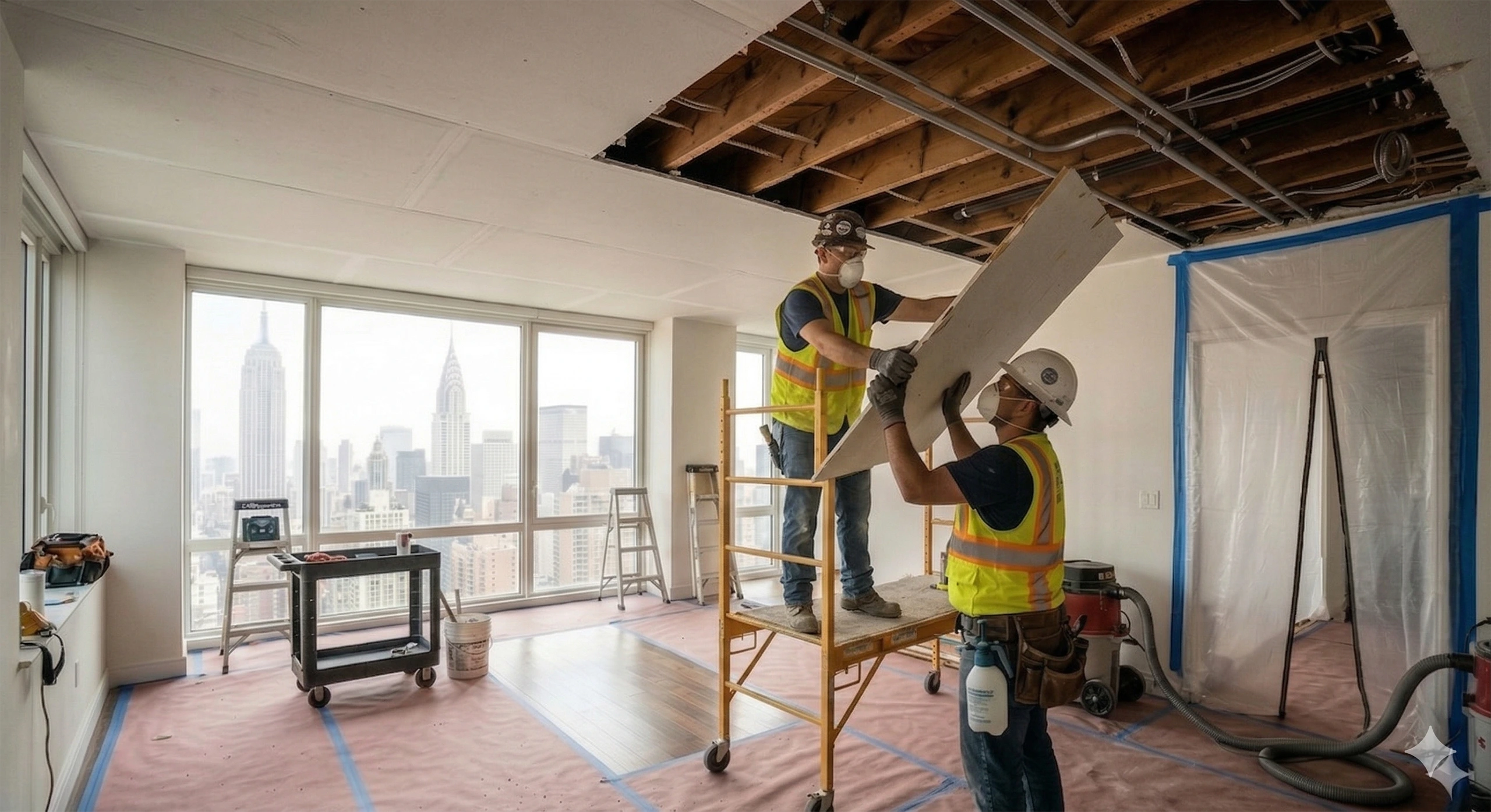 Two construction workers in safety gear and masks standing on scaffolding, carefully removing a large section of drywall from a ceiling in a Manhattan high-rise apartment