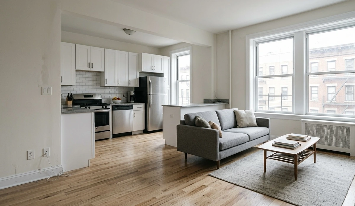 A clean but basic NYC apartment renovation showing a simple grey sofa, standard hardwood floors, and a basic white kitchen, representing what a modest renovation budget actually delivers in Manhattan