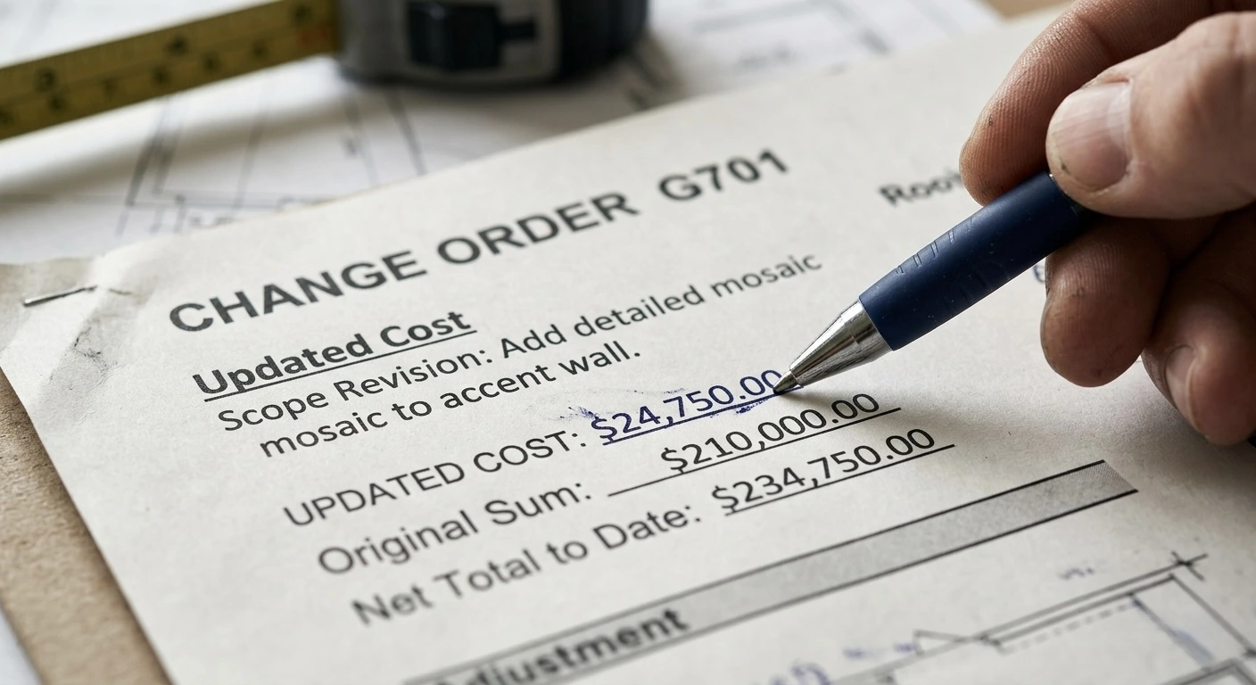 A close-up of a contractor's hand holding a blue pen, pointing to a revised cost figure of $24,750 on a formal G701 Change Order document for a detailed mosaic accent wall