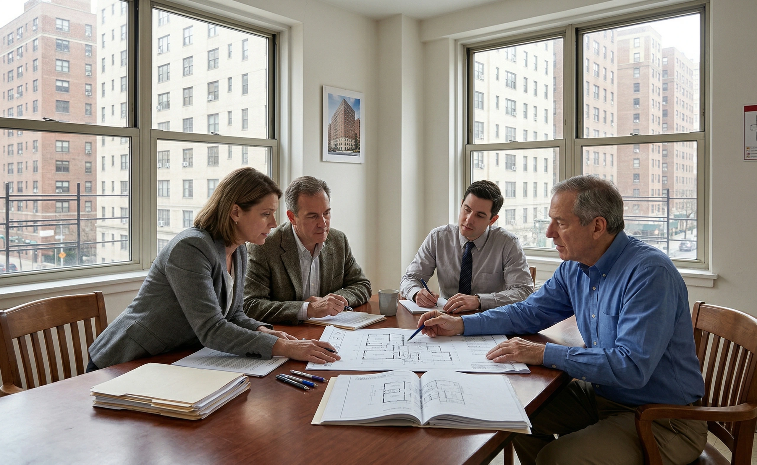 A group of four professionals, representing a NYC co-op board and management, sitting around a wooden table reviewing architectural blueprints for an apartment renovation