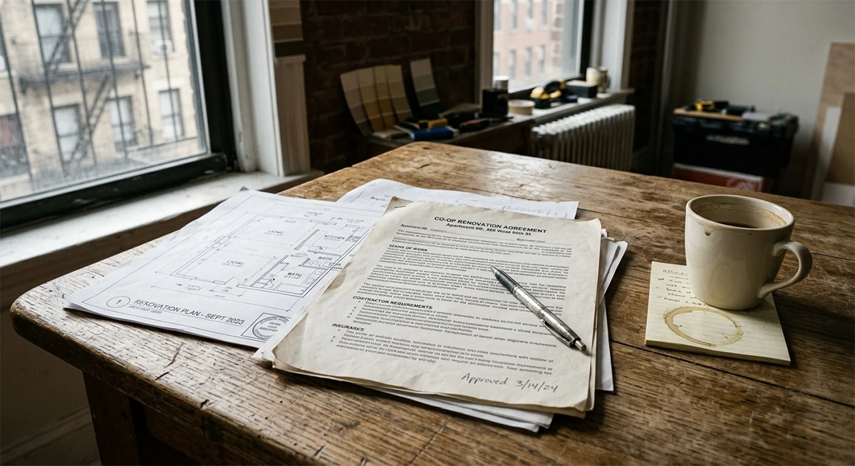 A morning workspace in a Manhattan apartment with a cup of coffee, a pen, and a Co-op Renovation Agreement document resting on a wooden table next to architectural floor plans