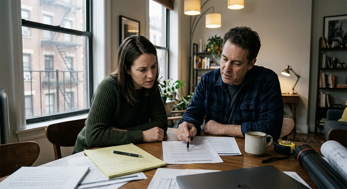 A concerned couple sitting together at a dining table in their NYC apartment, reviewing complex renovation contracts and DOB permits alongside a laptop and tape measure