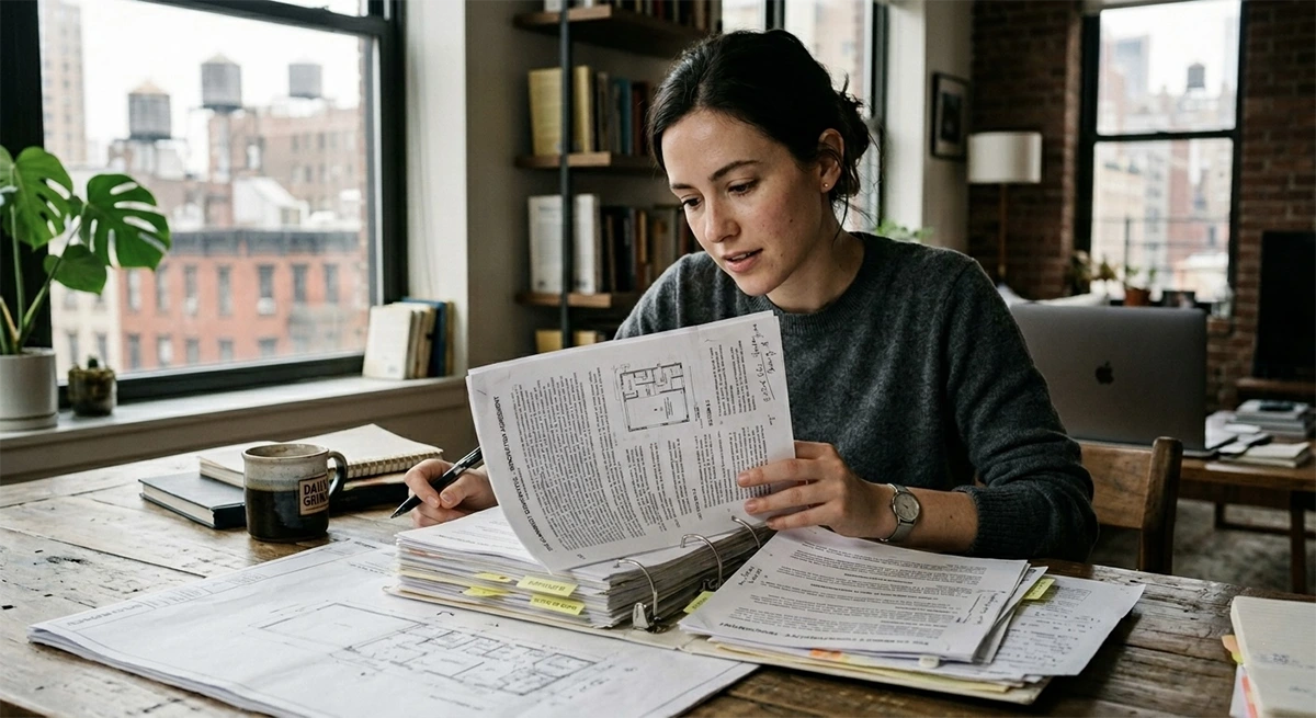 A focused woman sitting at a rustic wooden table in a Manhattan apartment, carefully reading through a thick binder of co-op renovation agreements and architectural plans