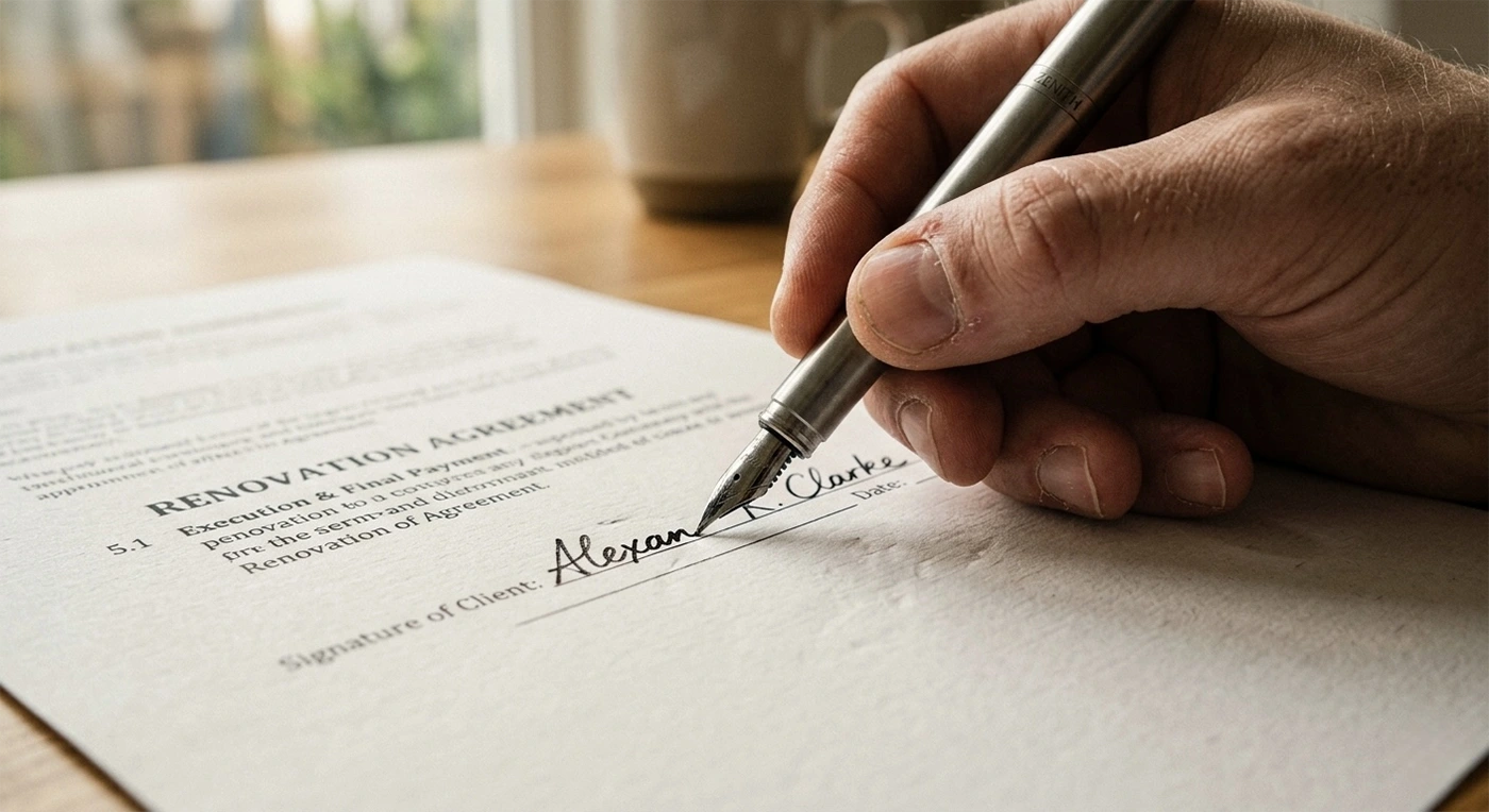 A close-up of a person's hand using a fountain pen to sign a formal Renovation Agreement document for a New York City co-op apartment