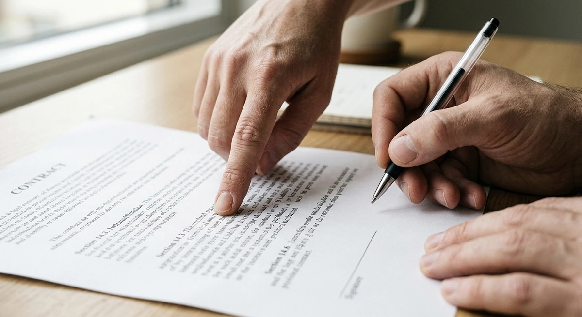 A close-up of two people reviewing a printed contract, with one person pointing directly at the Indemnification clause in a co-op renovation agreement