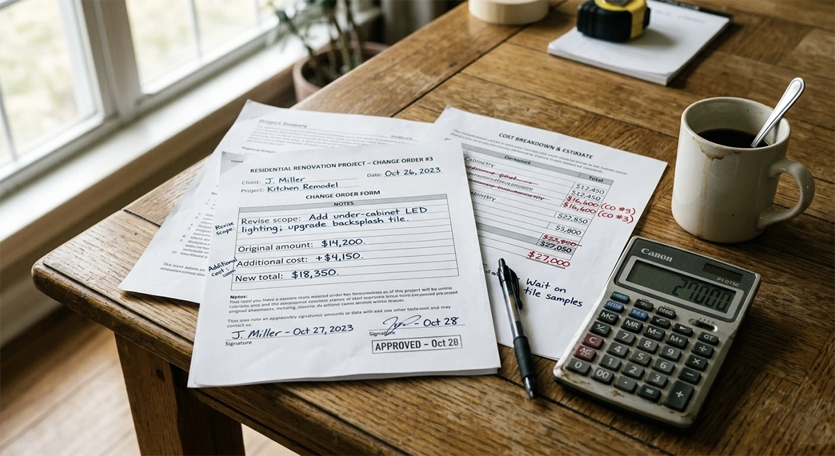 A desk setup featuring a signed Change Order form for under-cabinet LED lighting, a cost breakdown estimate sheet with red strike-throughs, and a calculator displaying $27,000