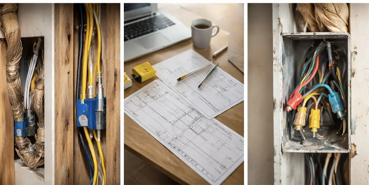 A triptych showing old, dangerously spliced cloth-insulated wiring in a wall cavity, architectural electrical blueprints on a desk, and a cluster of outdated wires in an old metal junction box, illustrating the need for careful electrical planning