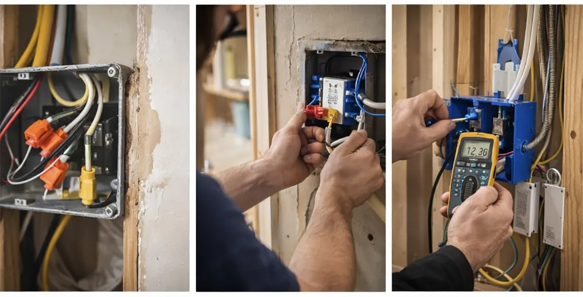 A three-panel image showing an electrician's hands working on complex wiring connections, testing a circuit with a digital multimeter, and a neatly organized open junction box with modern wire nuts inside an exposed wall frame