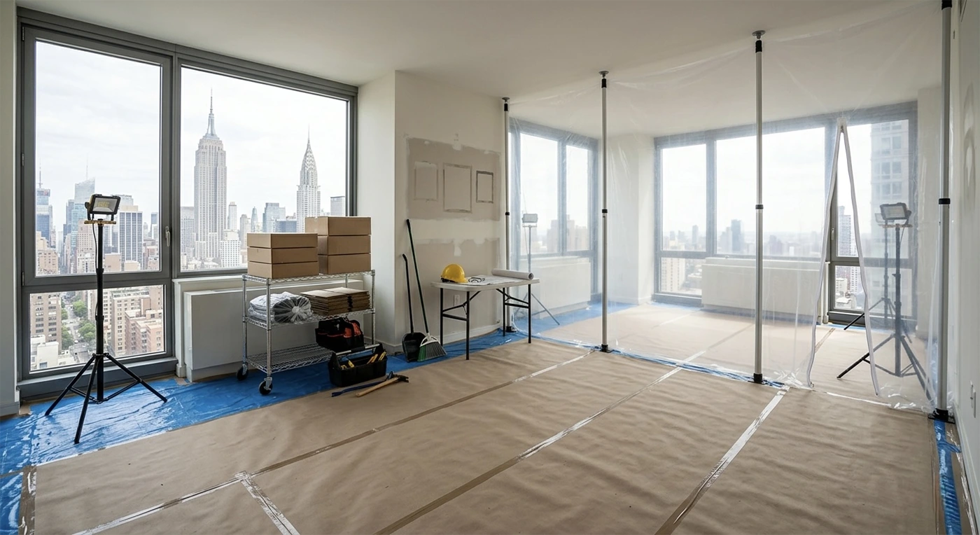 A clean, gutted NYC apartment prepared for renovation, showing bare floors, protective plastic dust barriers, and large windows with a clear view of the Manhattan skyline