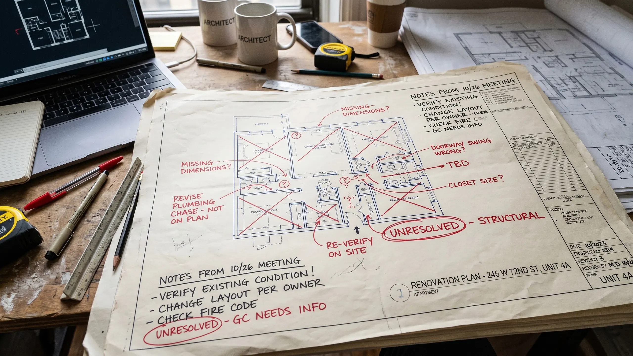 Architectural blueprints spread out on a desk, heavily marked with red ink circling missing dimensions, unresolved structural issues, and conflicting layouts, representing incomplete permit submissions