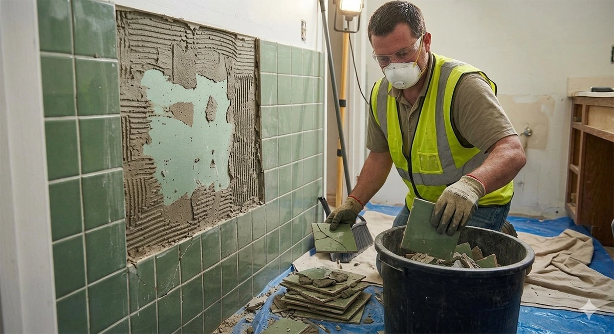 A demolition worker wearing a respirator mask and safety glasses carefully removing green ceramic tiles from a bathroom wall and placing them into a heavy-duty trash bin