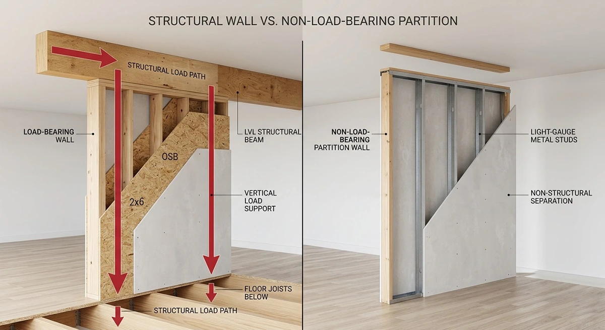 A 3D architectural diagram comparing a structural load-bearing wall showing the vertical load path against a non-load-bearing partition wall made of light-gauge metal studs