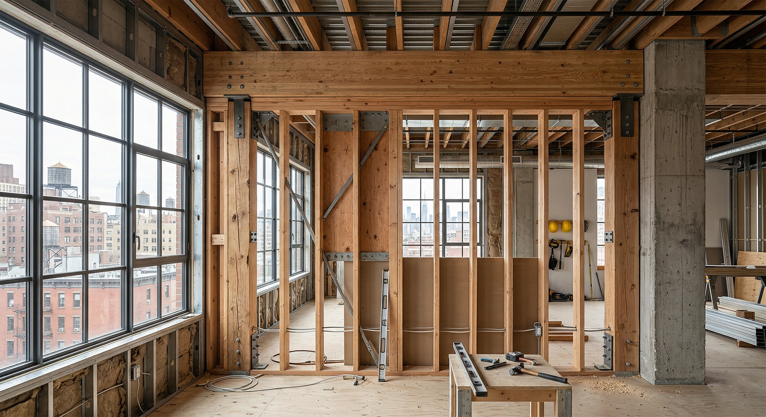 A stripped-down NYC apartment interior revealing heavy timber load-bearing framing, steel structural brackets, and exposed concrete columns that cannot be removed or altered without engineering approval