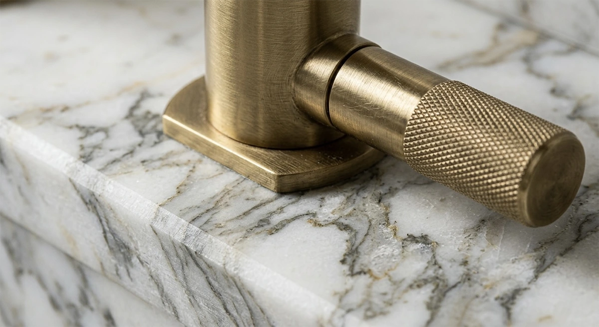Extreme close-up of a premium unlacquered knurled brass faucet handle mounted on a thick slab of heavily veined Calacatta marble countertop