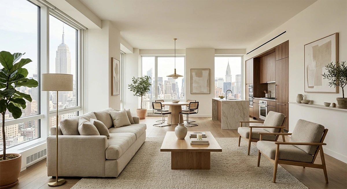 A beautifully staged, bright Manhattan apartment featuring an open layout living room and kitchen with panoramic city views, representing a highly desirable, move-in ready listing