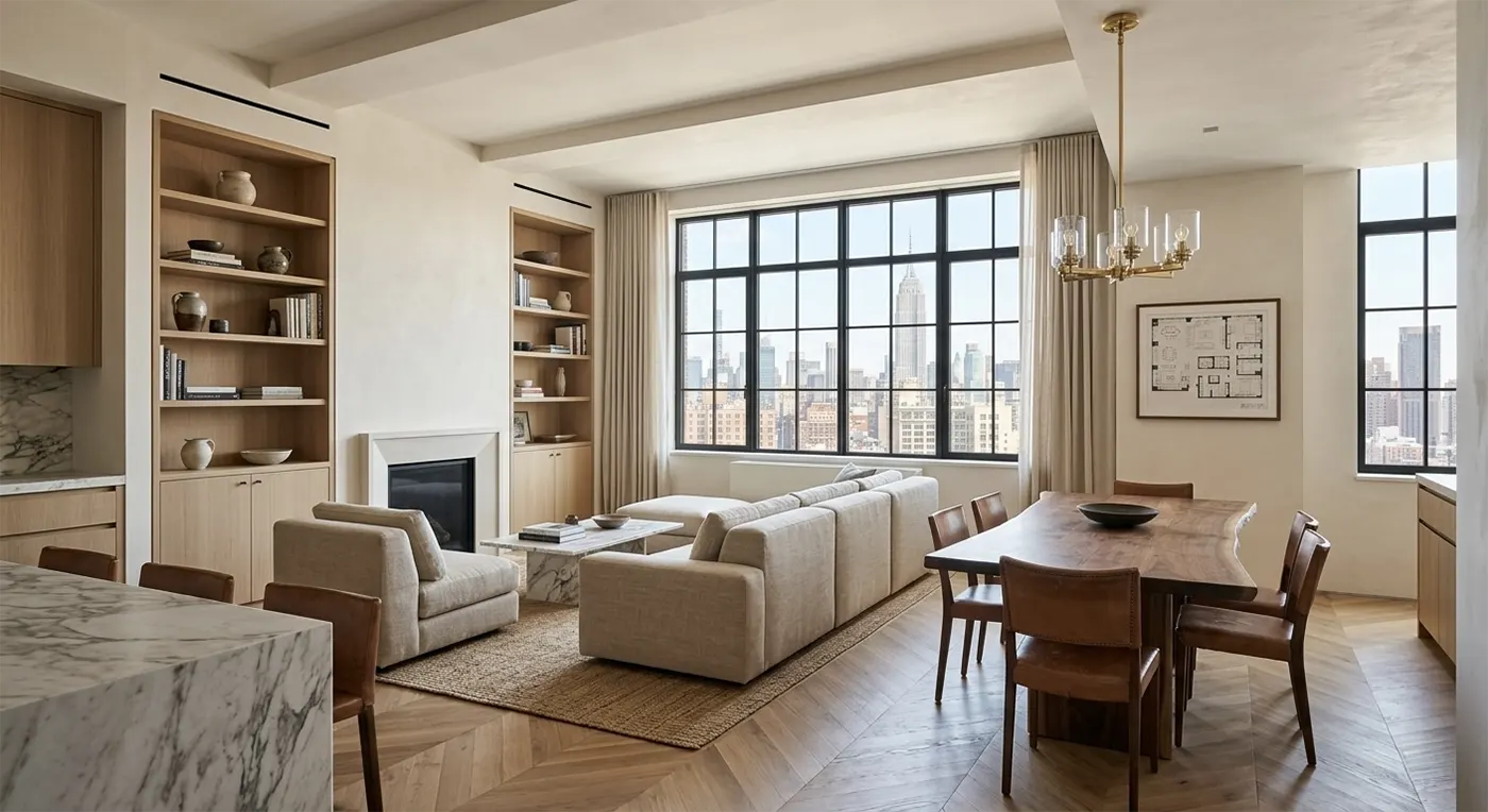Luxury finished Manhattan apartment living room featuring large windows overlooking the city skyline, demonstrating the successful and stress-free result of a properly insured renovation
