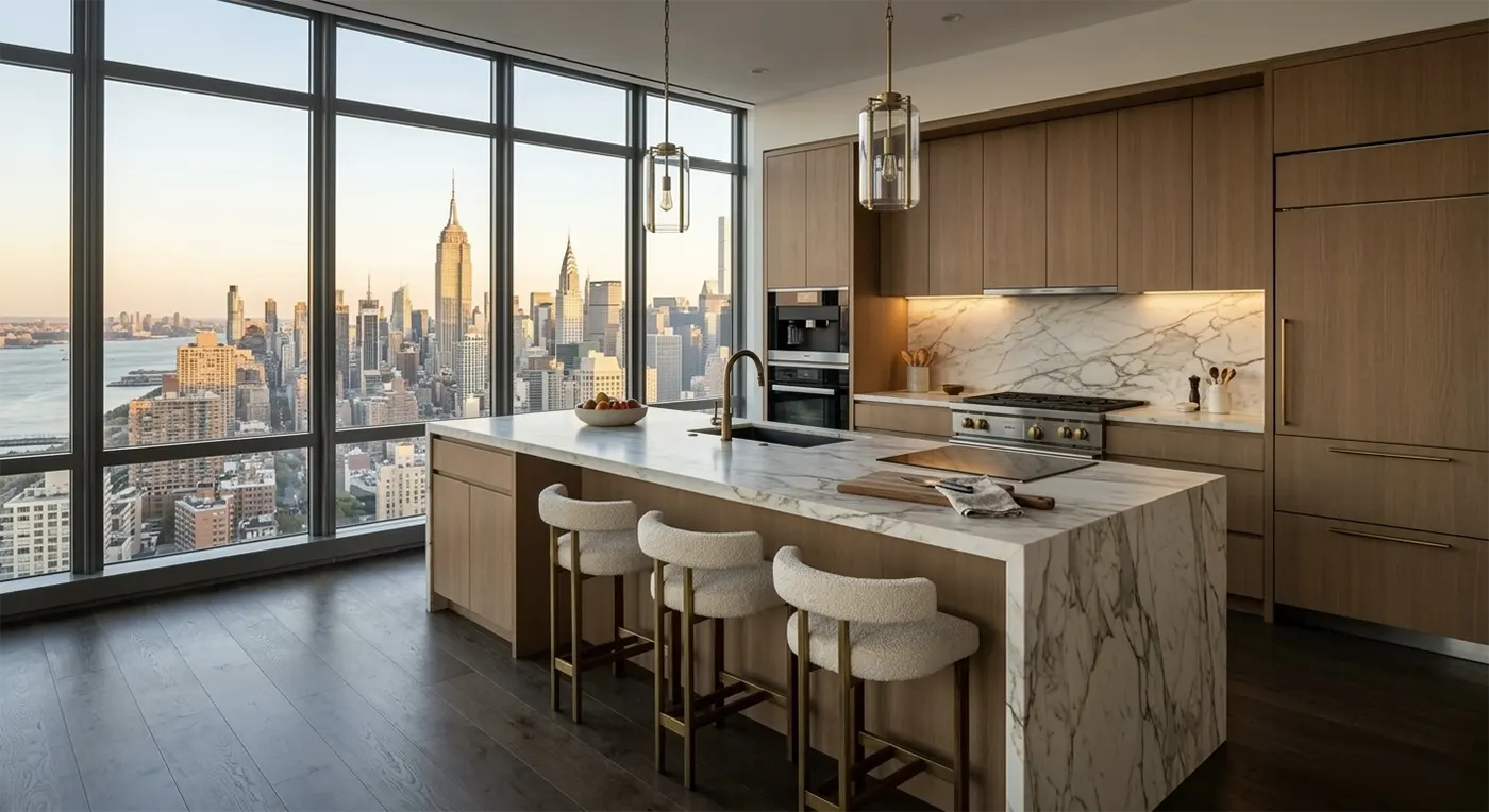 Luxury Manhattan high-rise kitchen featuring a massive marble island countertop with seating, warm wood cabinetry, and a panoramic view of the New York City skyline at sunset