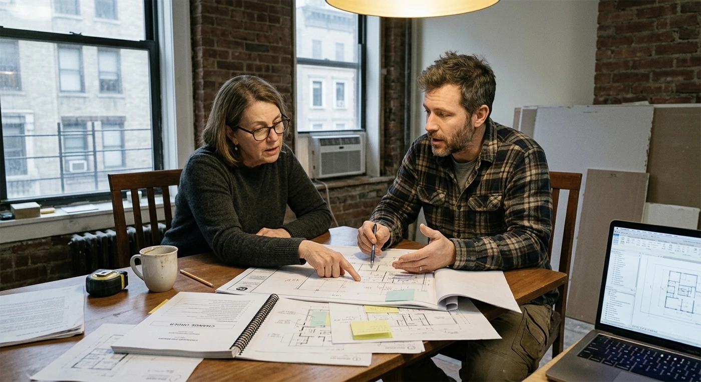 A serious conversation between an architect and a female client sitting at a table with blueprints, a laptop, and a Change Order document, illustrating the financial reality of Manhattan renovations