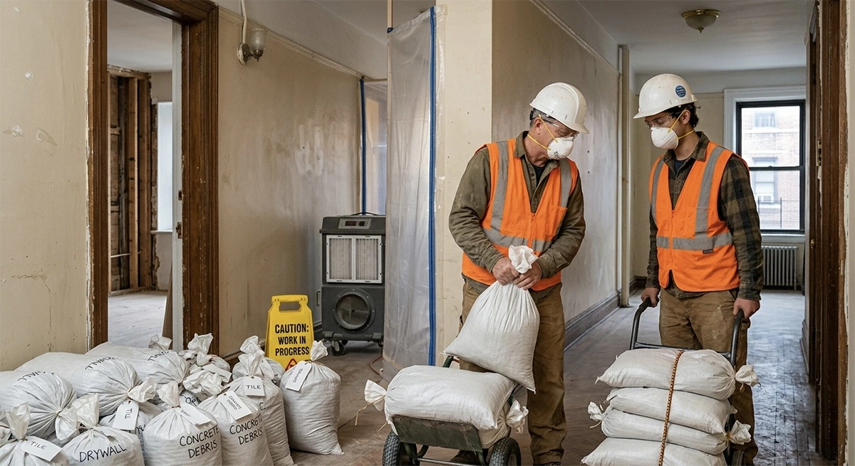 Two construction workers wearing hard hats and respirators moving heavy white bags of concrete and tile demolition debris using a hand truck in a gutted apartment hallway