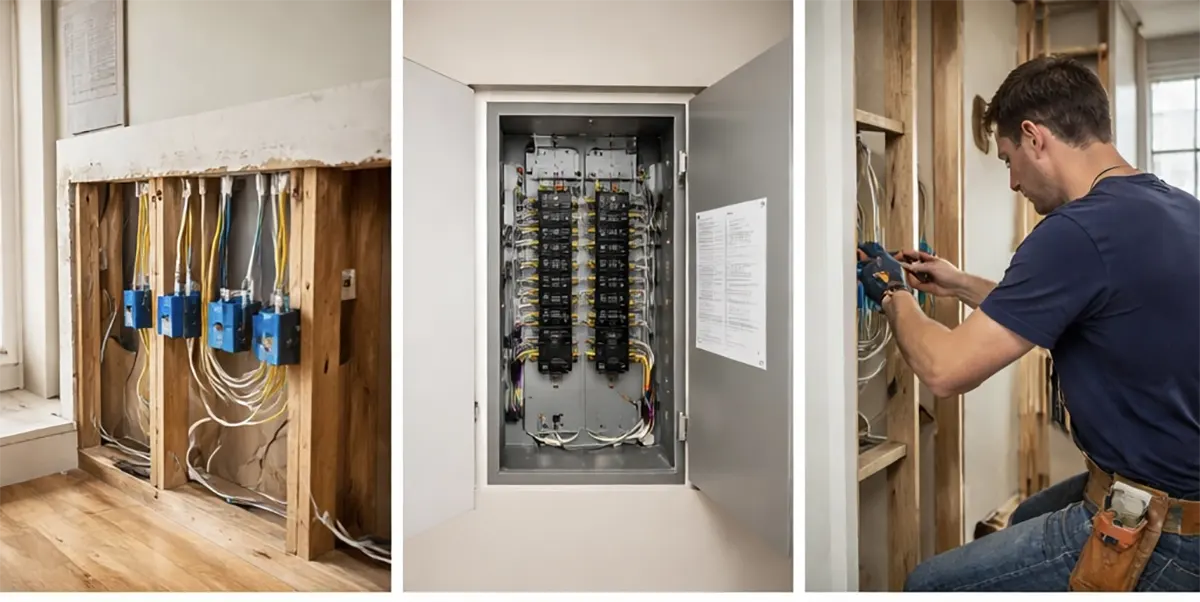 A composite showing a complex new electrical sub-panel fully wired, alongside a licensed electrician carefully routing bright yellow and white modern Romex cables through newly framed wall studs during a gut renovation