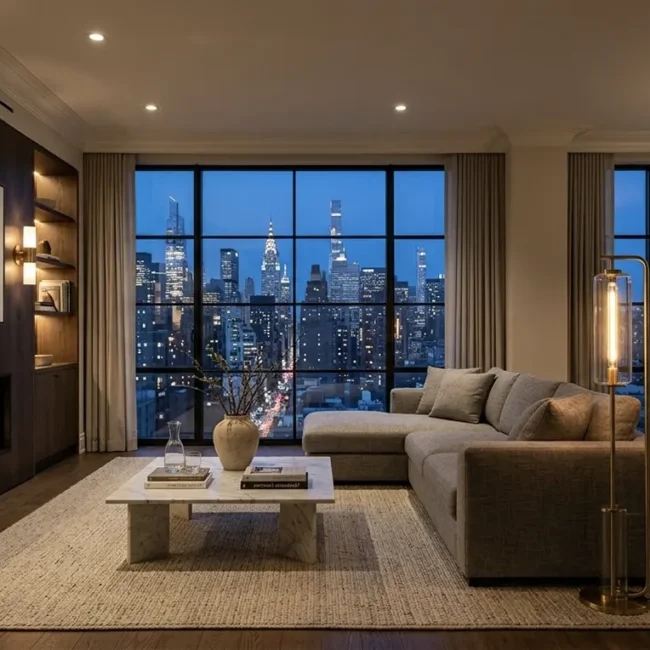A sophisticated, fully renovated Manhattan apartment living room at twilight, showcasing perfectly layered electrical lighting including dimmable recessed lights, warm ambient shelf lighting, and elegant sconces framing a modern fireplac