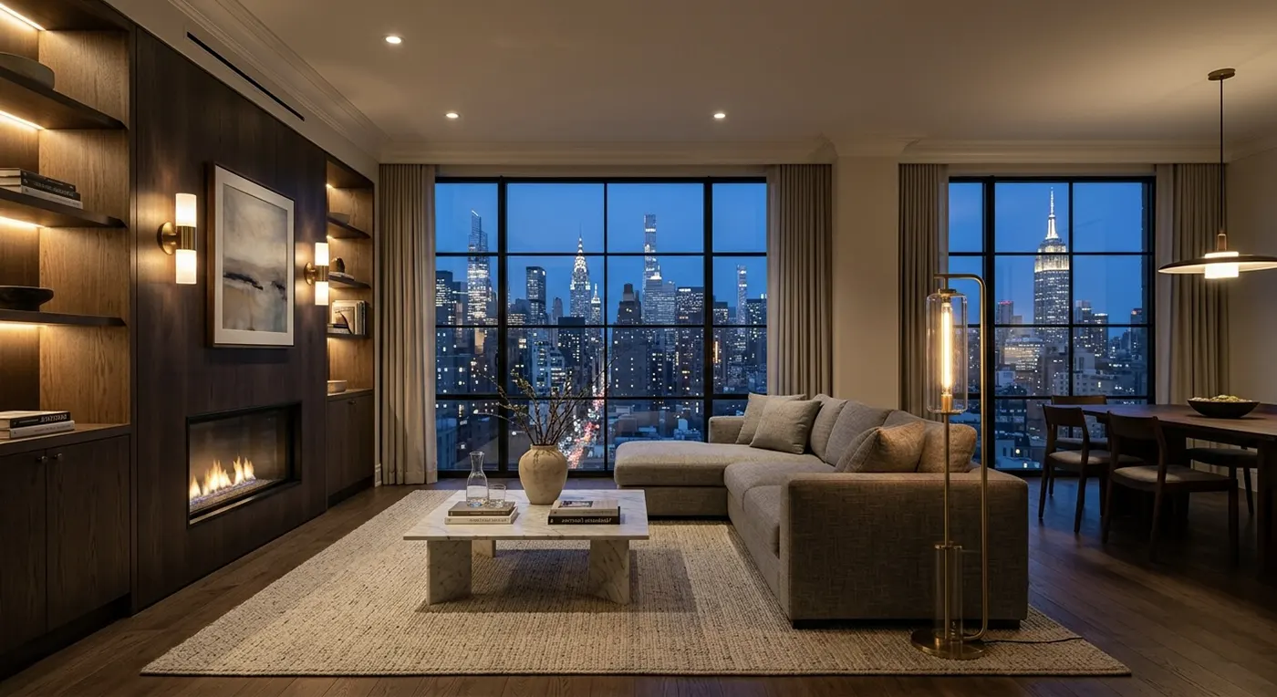A sophisticated, fully renovated Manhattan apartment living room at twilight, showcasing perfectly layered electrical lighting including dimmable recessed lights, warm ambient shelf lighting, and elegant sconces framing a modern fireplac
