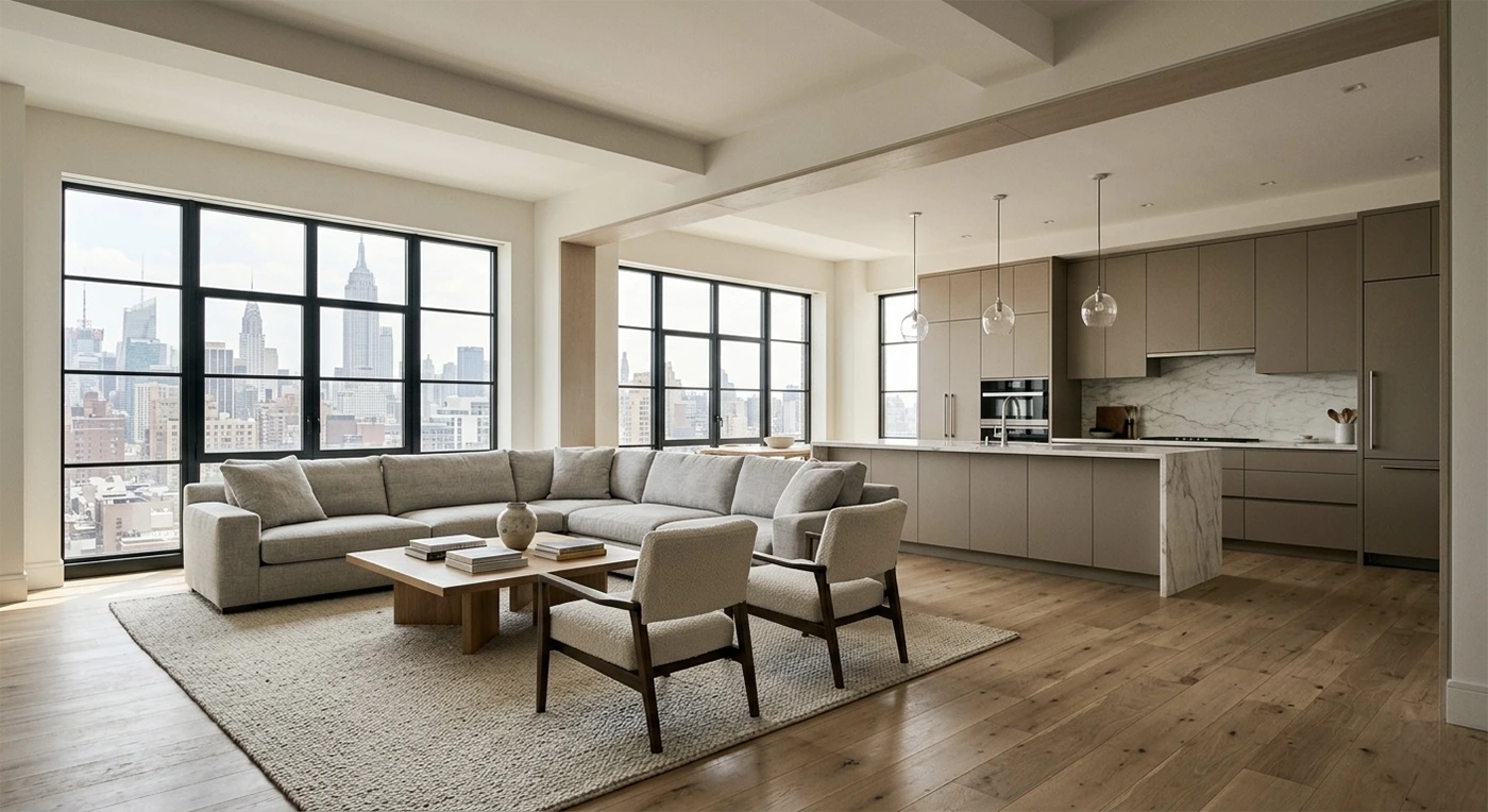 A fully finished luxury Manhattan apartment showcasing a seamless open concept kitchen and living room, demonstrating the aesthetic result of a properly engineered wall removal