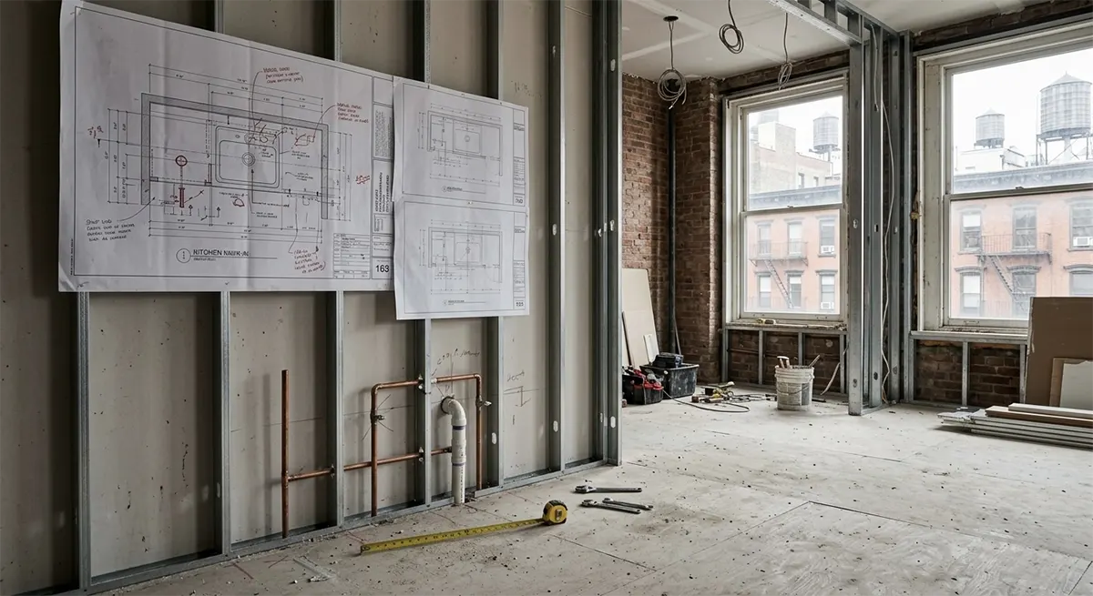 A gutted Manhattan apartment with exposed metal framing studs, brick walls, and plumbing rough-ins, with architectural plans taped directly to the studs for contractors to follow during construction
