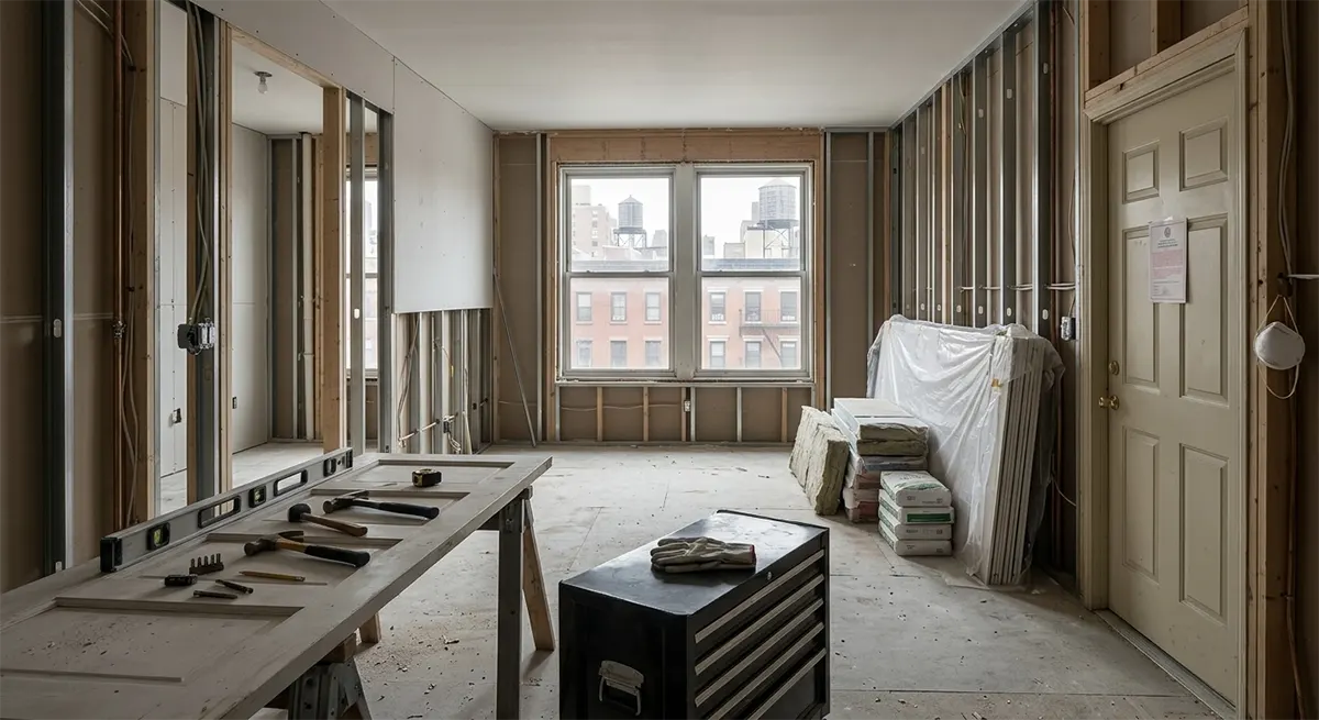 An idle NYC apartment renovation site during the rough framing stage, with stacks of drywall, insulation, and tools waiting, showing how uncoordinated trade permits can stall progress