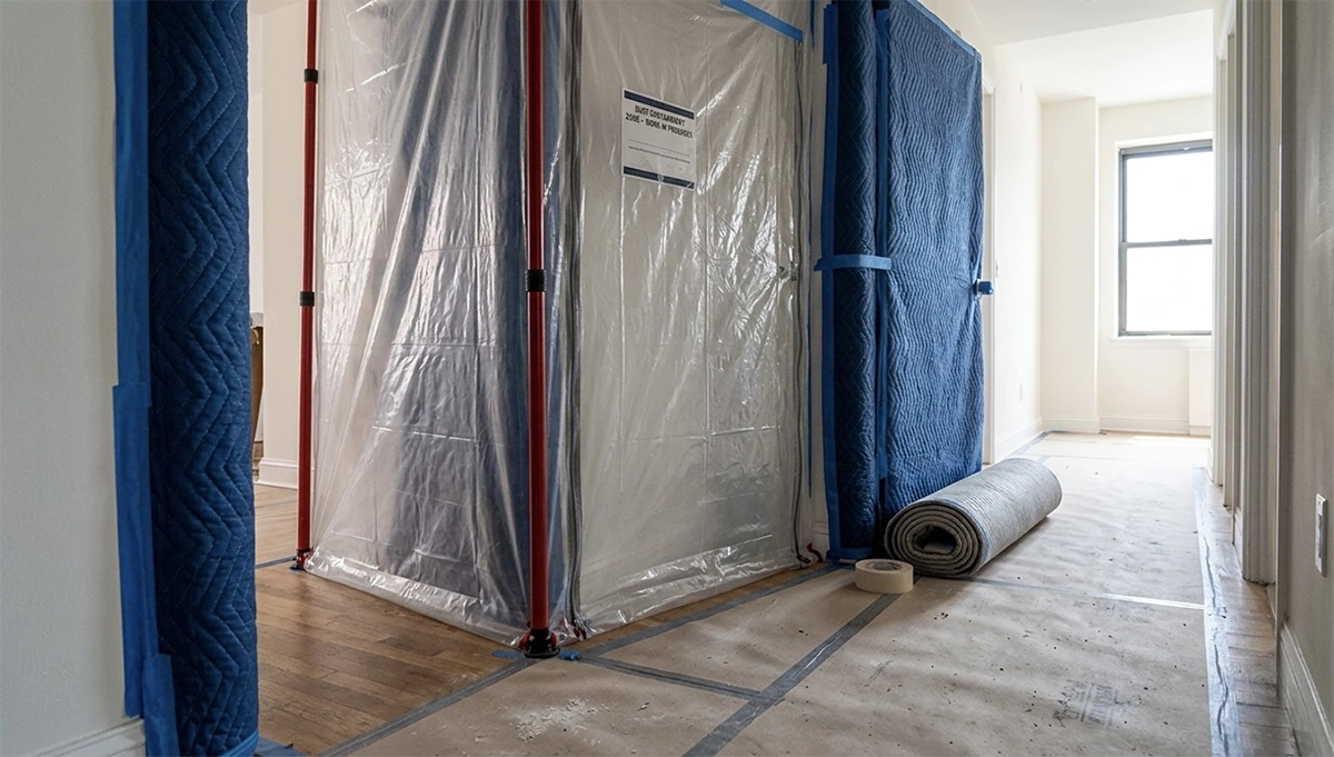 A highly sealed dust containment barrier made of heavy plastic and tension poles erected in a pristine NYC apartment building hallway, demonstrating strict co-op rules for protecting common areas