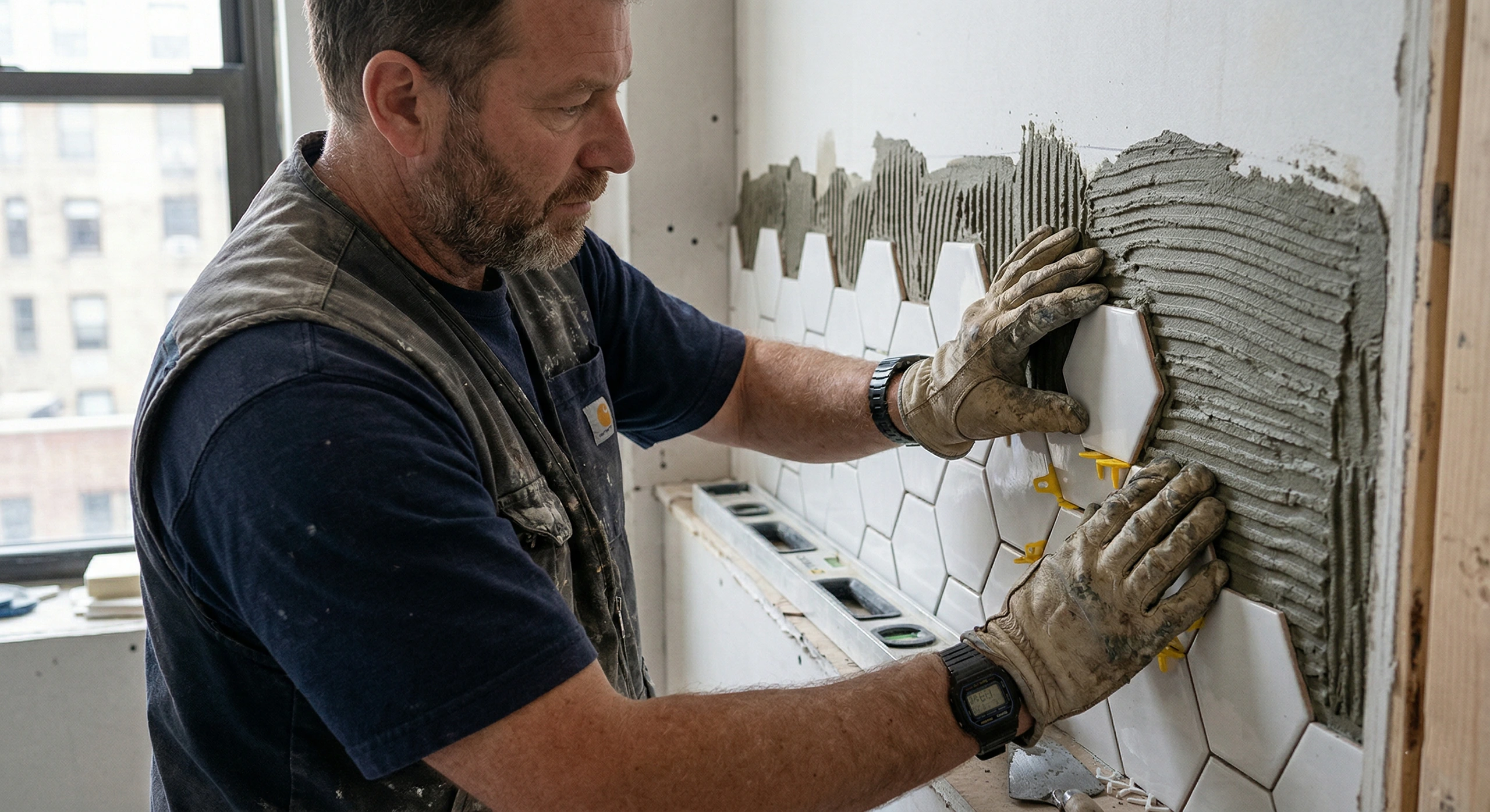 A skilled and experienced tile setter carefully installing white hexagonal tiles over fresh thinset mortar, representing the high cost of licensed and professional labor in New York City