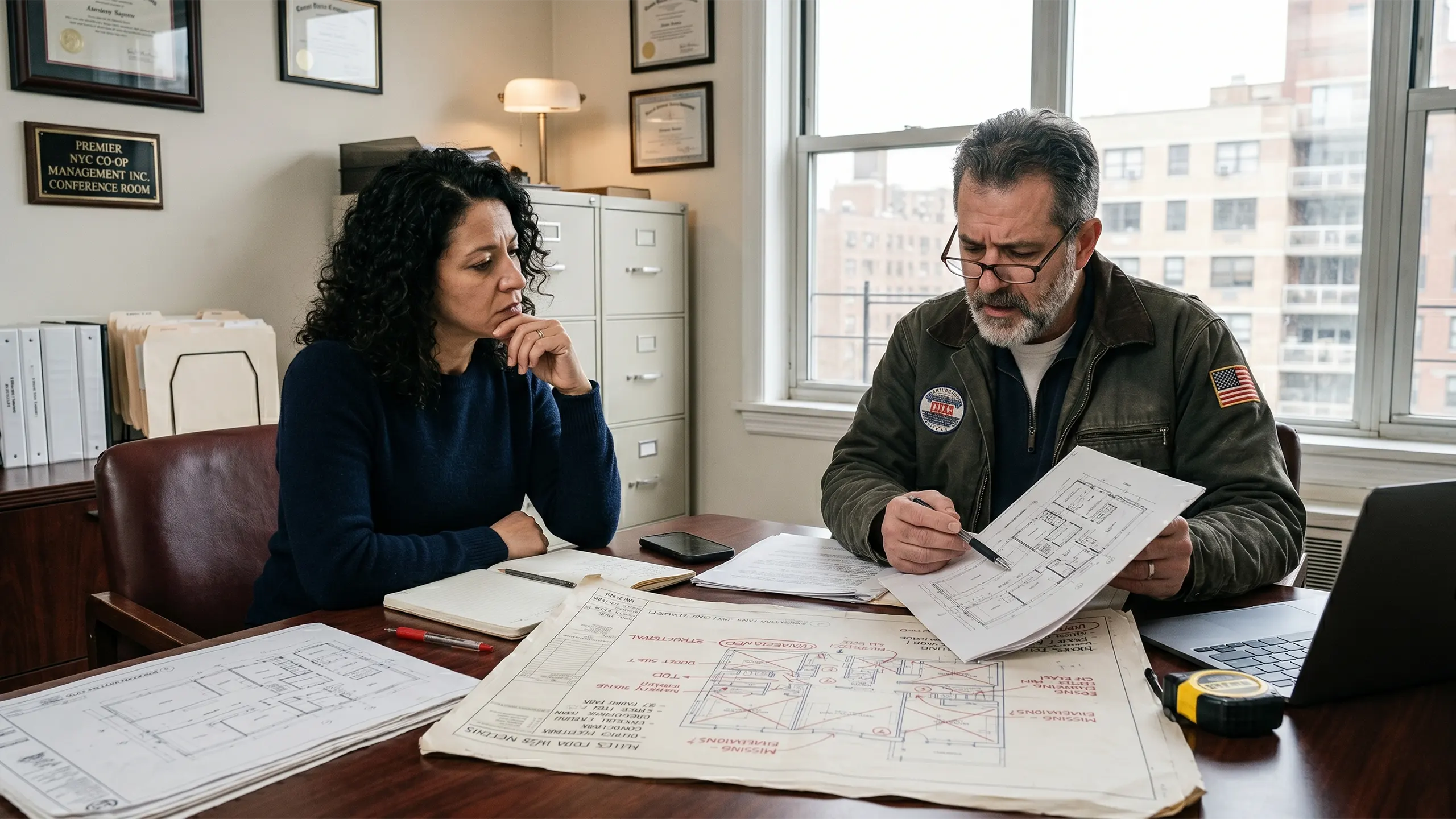 A focused female apartment owner and a male building manager or contractor sitting in a formal office, seriously reviewing renovation blueprints to ensure compliance with strict co-op building rules