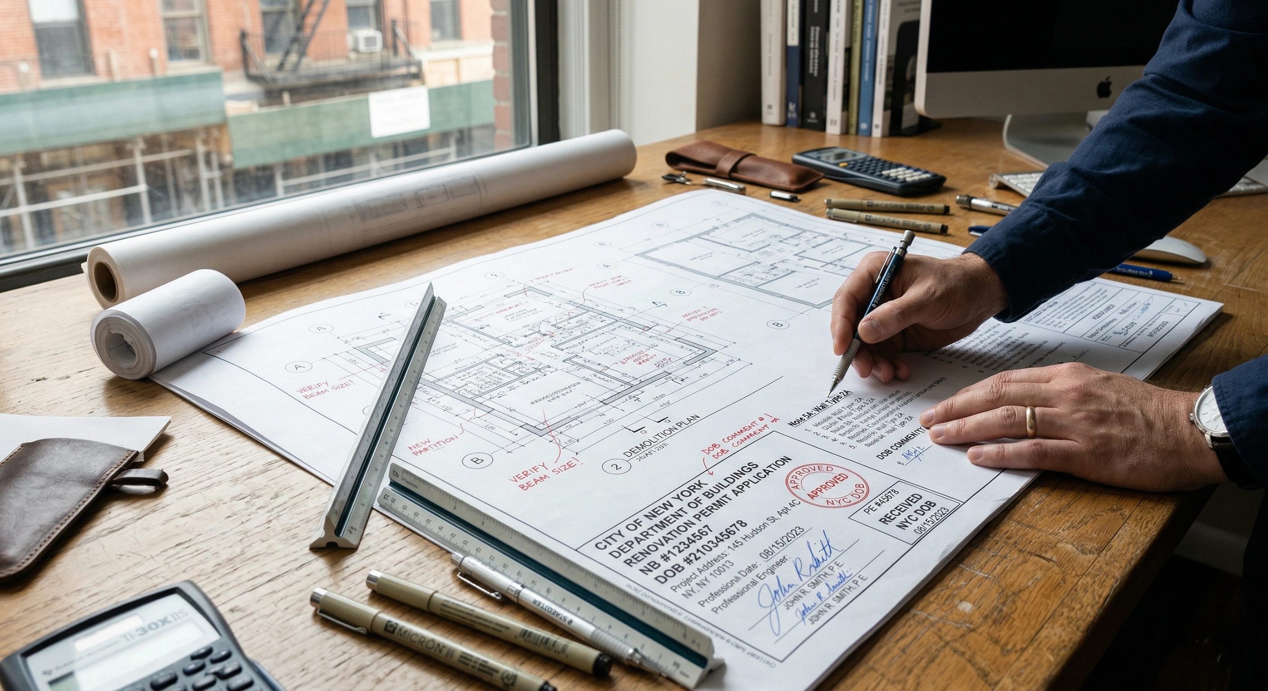 A close-up of a professional working on detailed architectural blueprints stamped with red NYC Department of Buildings approval marks, symbolizing the costly permitting and filing process