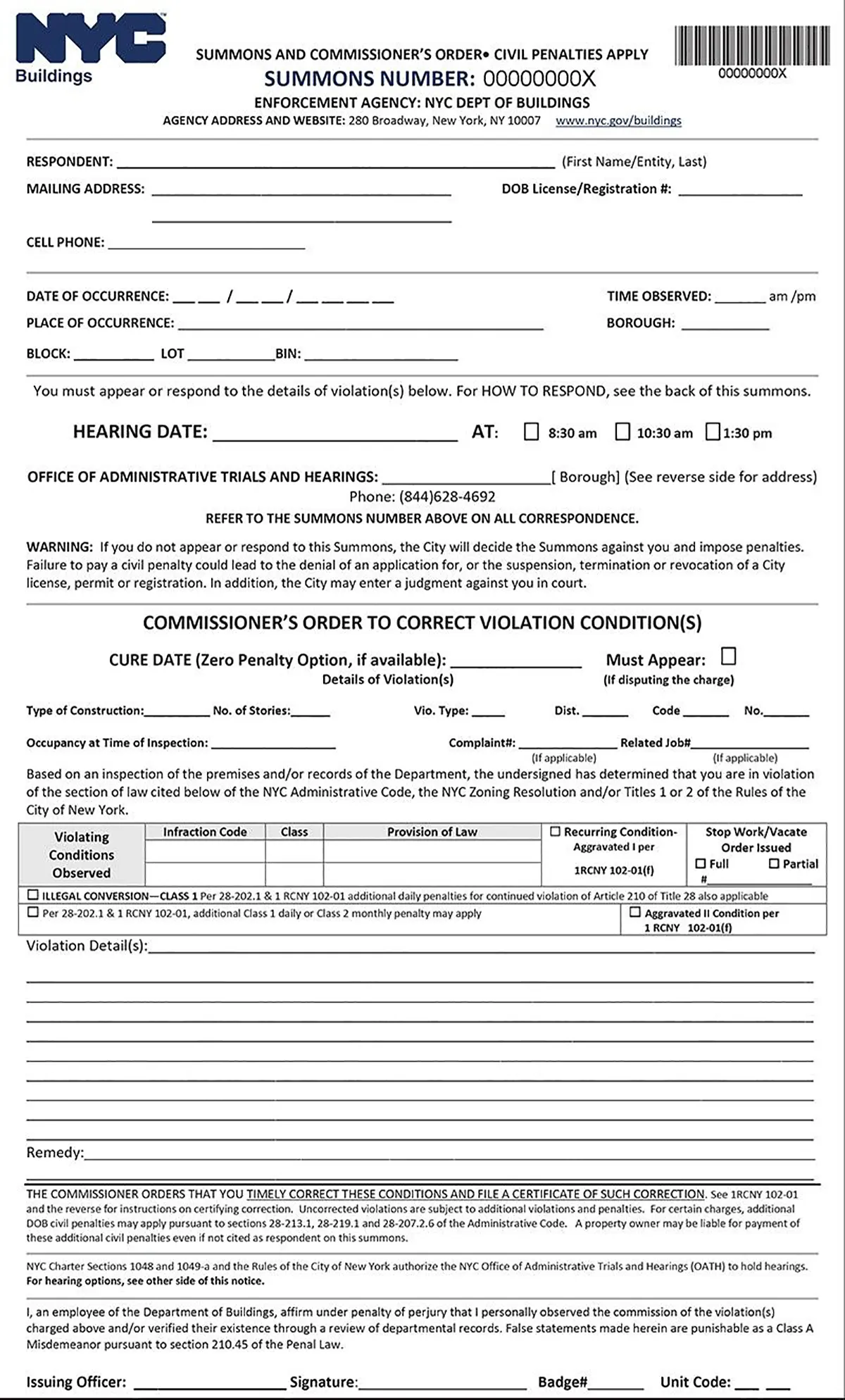 A close-up, clear view of an official NYC Department of Buildings 'Summons and Commissioner's Order' violation notice form used to penalize unpermitted construction work and issue civil penalties.