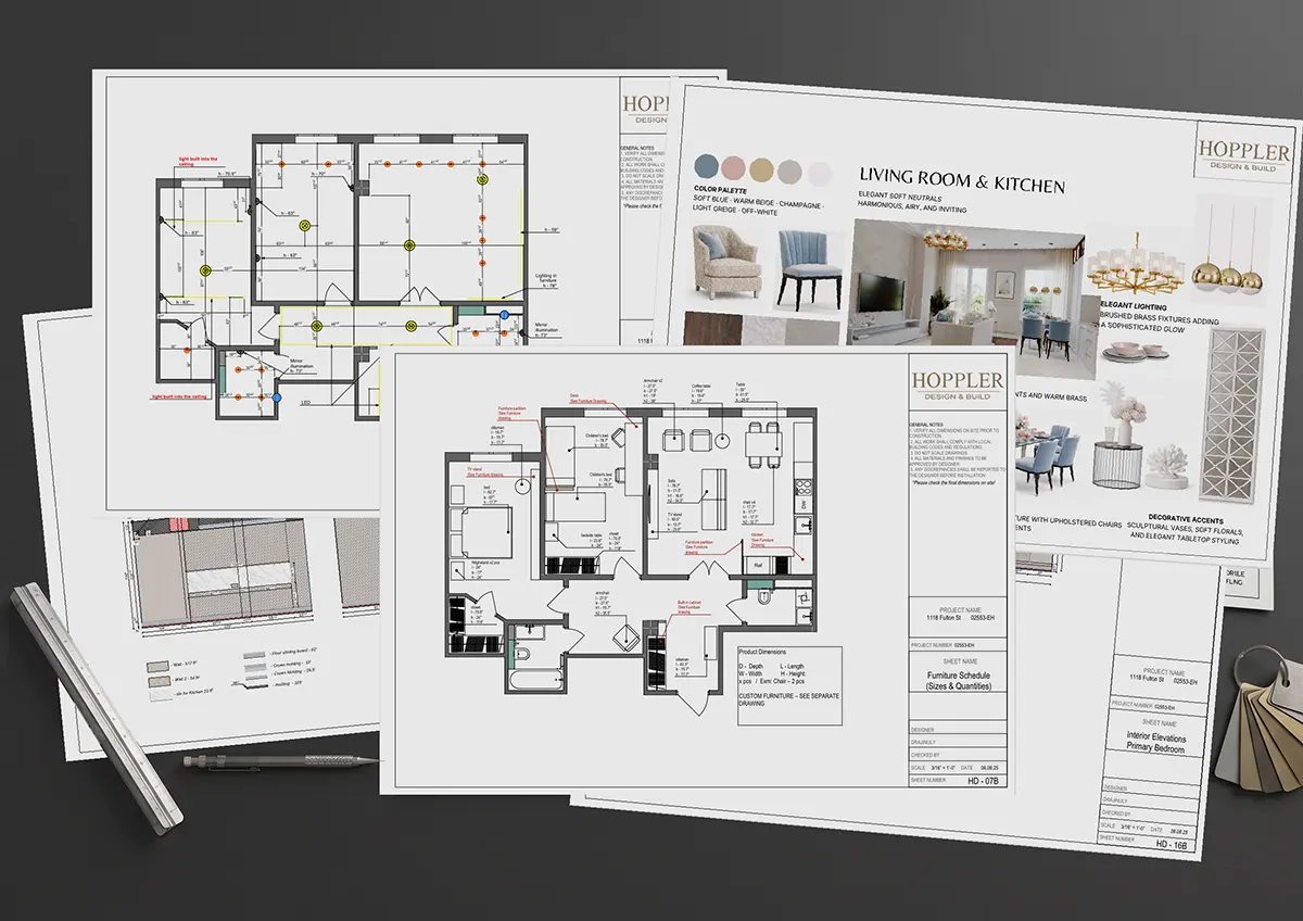 4. TECHNICAL DRAWINGS & DOCUMENTATION - detailed plans including measurements, electrical layouts, lighting, and material specifications required for construction