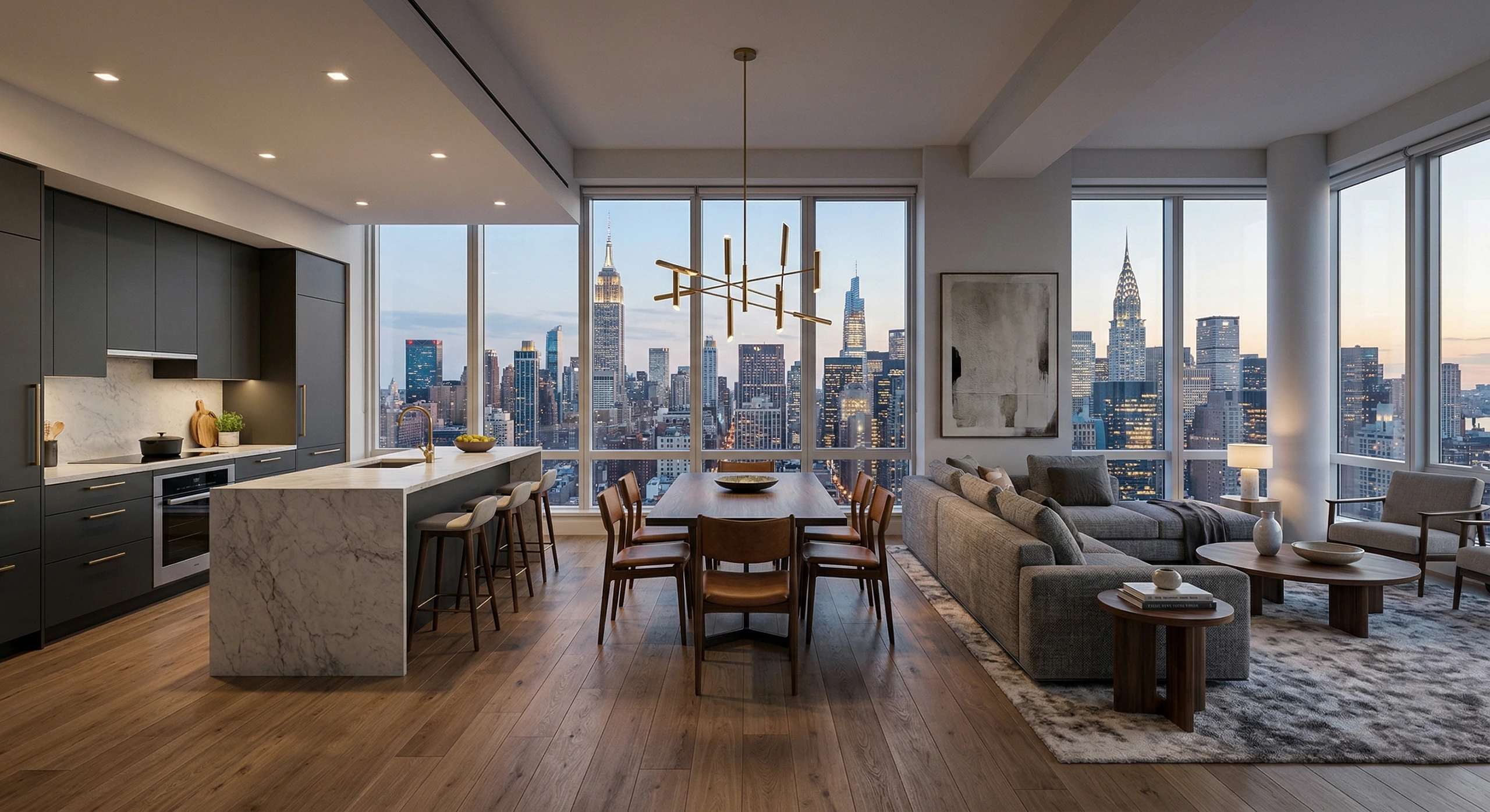 A sophisticated open-concept Manhattan apartment showcasing seamless zoning between a dark modern kitchen, a central dining area, and a comfortable living room overlooking the city skyline at dusk