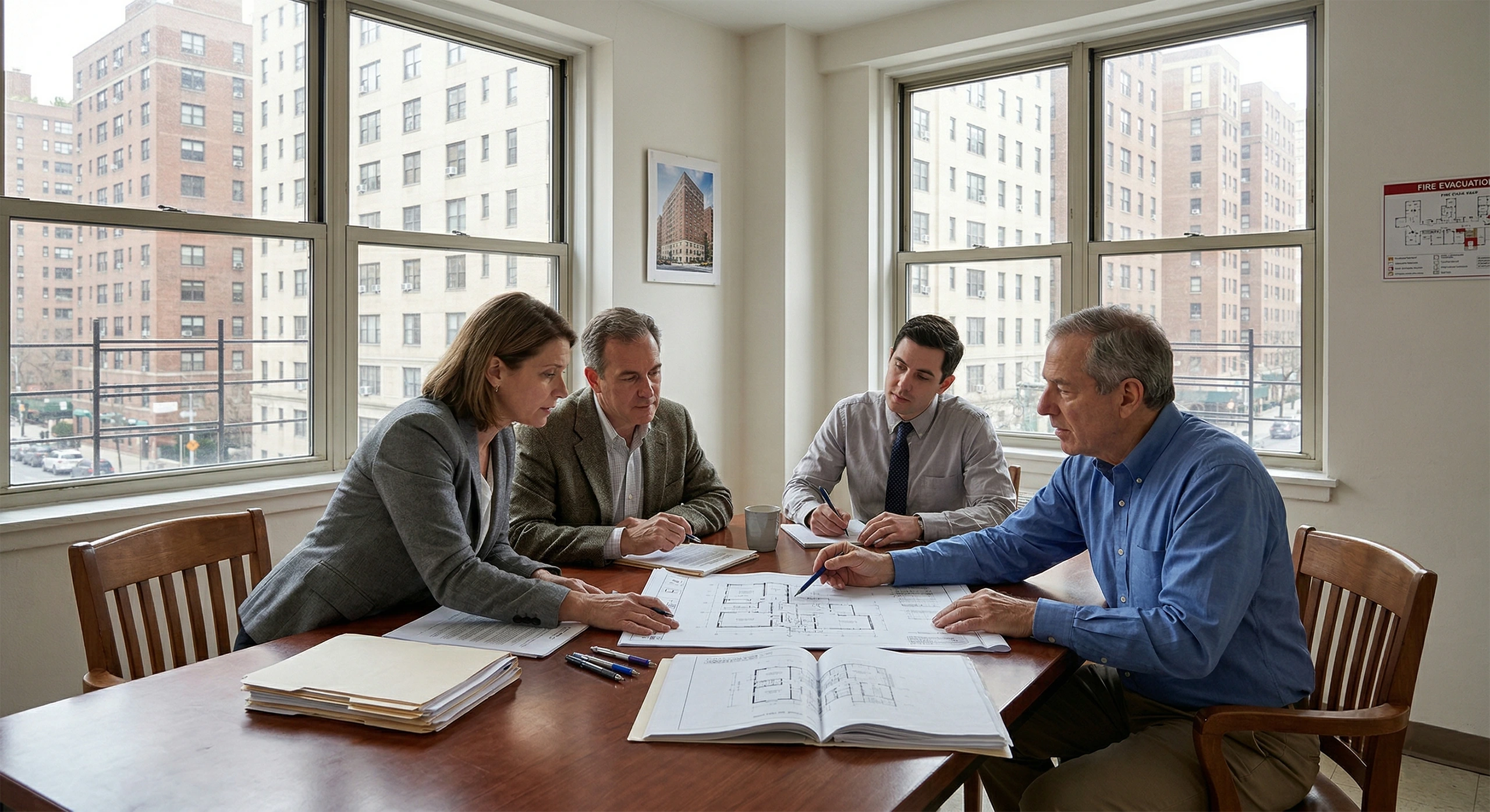 A worried couple sitting at a dining table with an architect and a managing agent, reviewing floor plans and co-op alteration agreement documents, expressing frustration over restrictive building rules they hadn't read