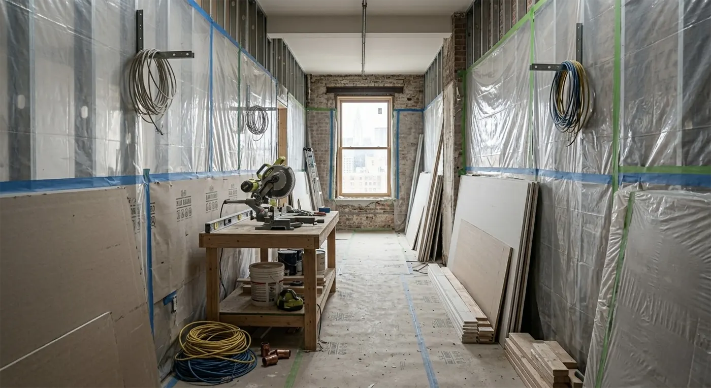 An interior view of an apartment hallway under renovation with exposed brick, protective plastic sheeting, stacked drywall, and a miter saw on a temporary workbench