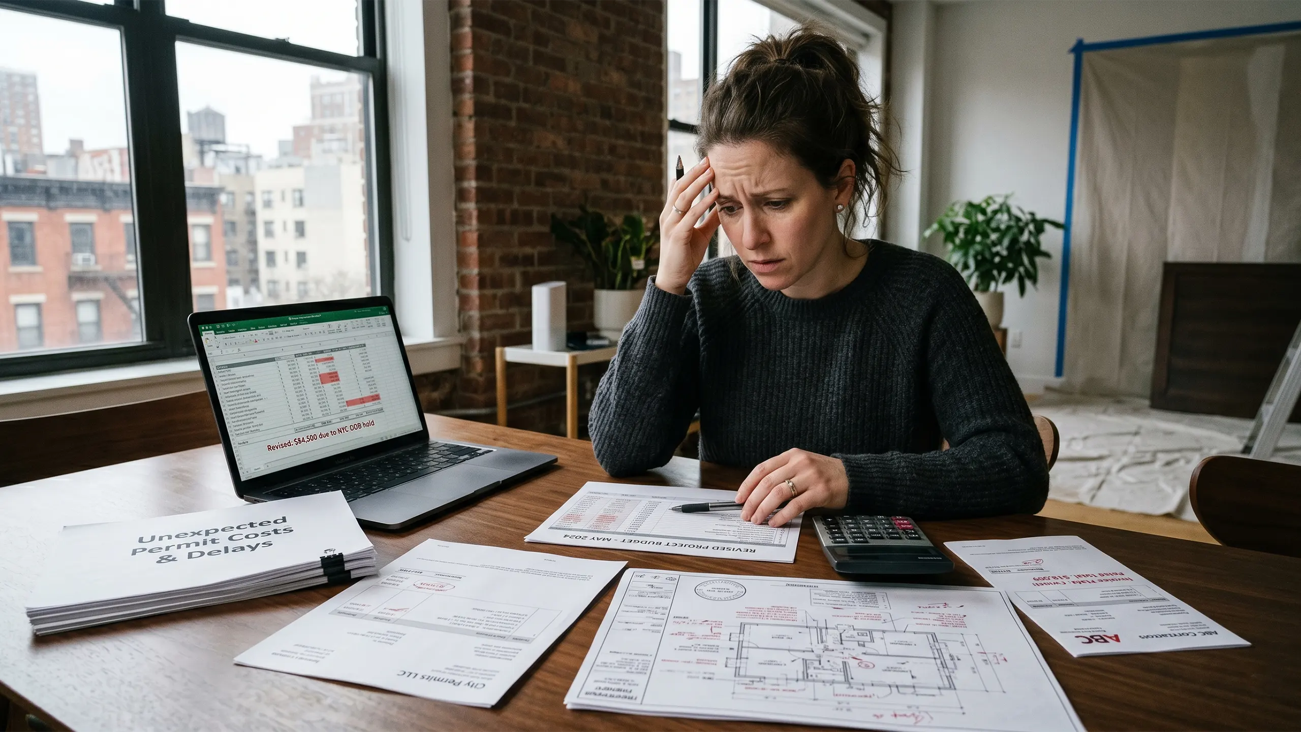 A stressed female homeowner sitting at a dining table, holding her head in her hands while looking at a laptop spreadsheet and a stack of papers labeled 'Unexpected Permit Costs & Delays' alongside renovation blueprints