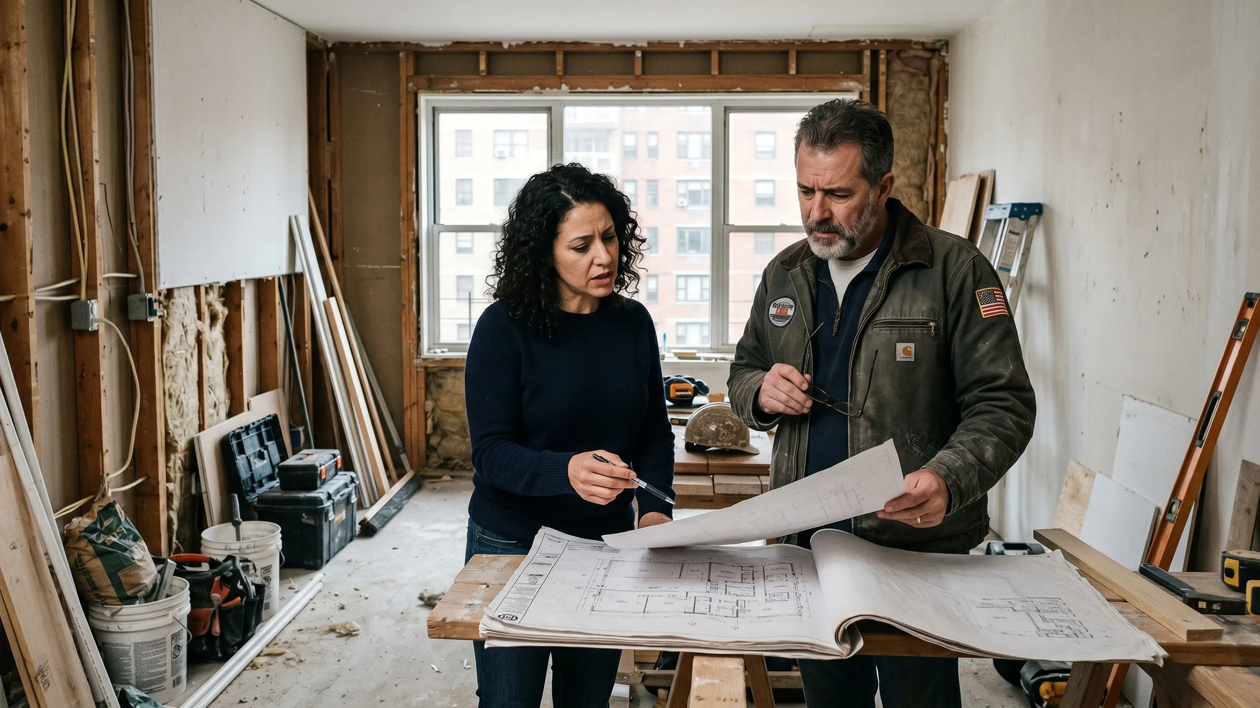 A female client and her contractor standing in an active, dusty renovation zone, looking concerned as they review architectural plans to solve a sudden construction or permit issue