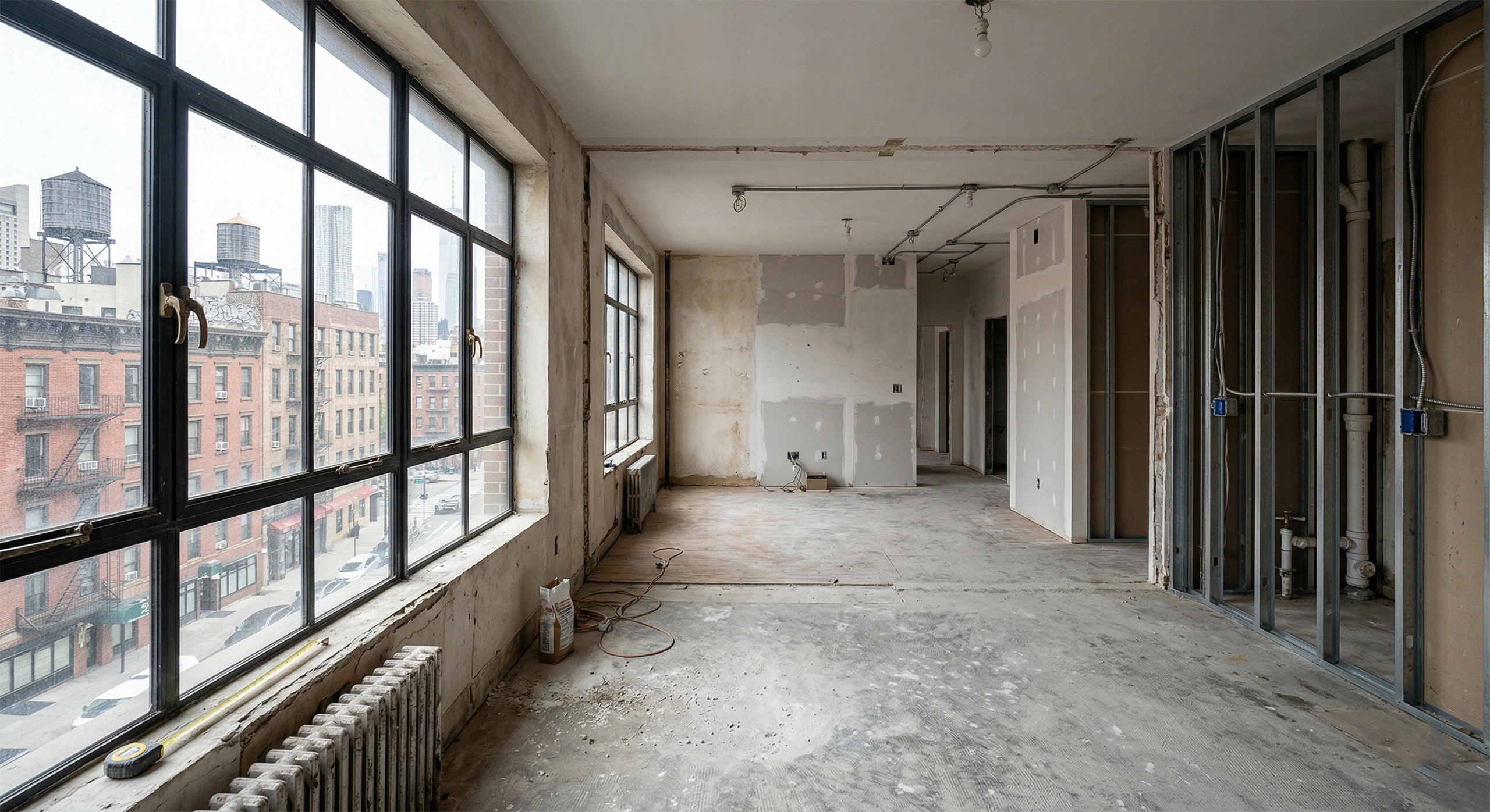 An empty, stripped NYC apartment with metal studs exposed and concrete subfloor, where work has stalled, representing lengthy pre-construction timeline delays