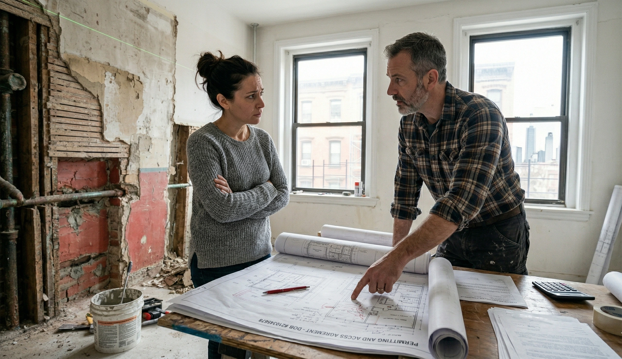 A tense discussion between a female homeowner with crossed arms and her contractor, standing over blueprints in a demolished apartment, trying to resolve a sudden neighbor dispute that halted construction.