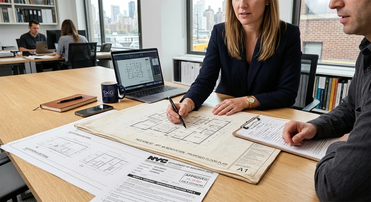 A female architect and a client reviewing proposed architectural floor plans and approved NYC Department of Buildings renovation permit applications at a wooden desk