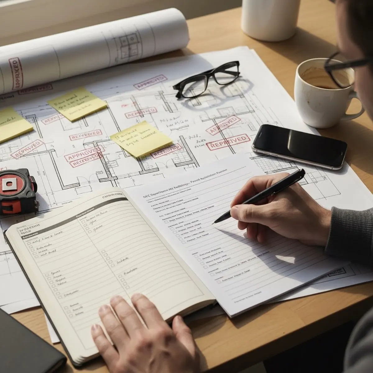 A close-up of a person's hands filling out an official NYC Department of Buildings General Application form over architectural blueprints, next to a cup of coffee and a tape measure